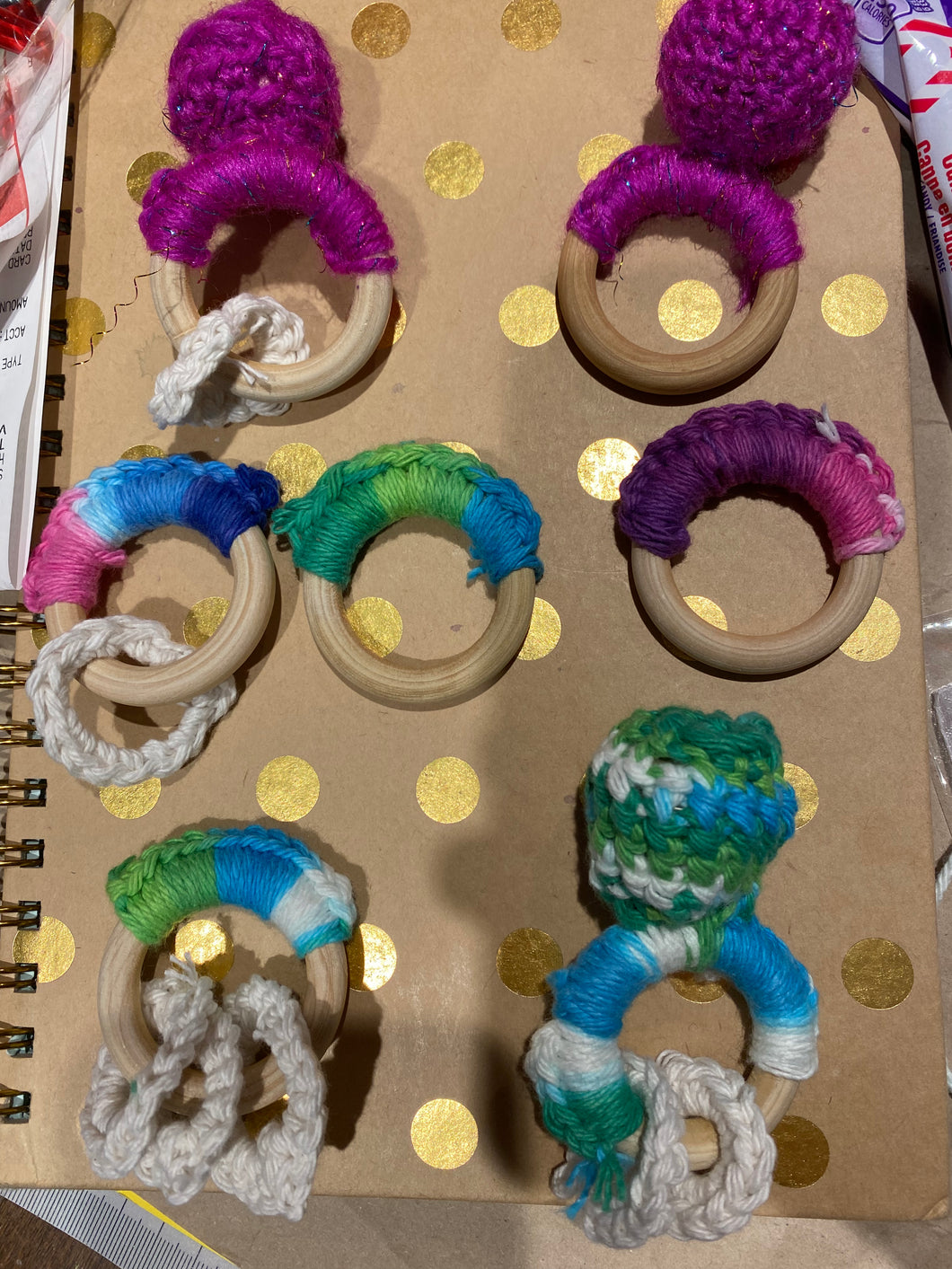 Wooden crocheted teethers and rattles