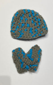 Wool grey blue baby mittens and hat set